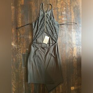 Pitaya - Olive Green Halter Lace Back Asymmetrical Mini Dress